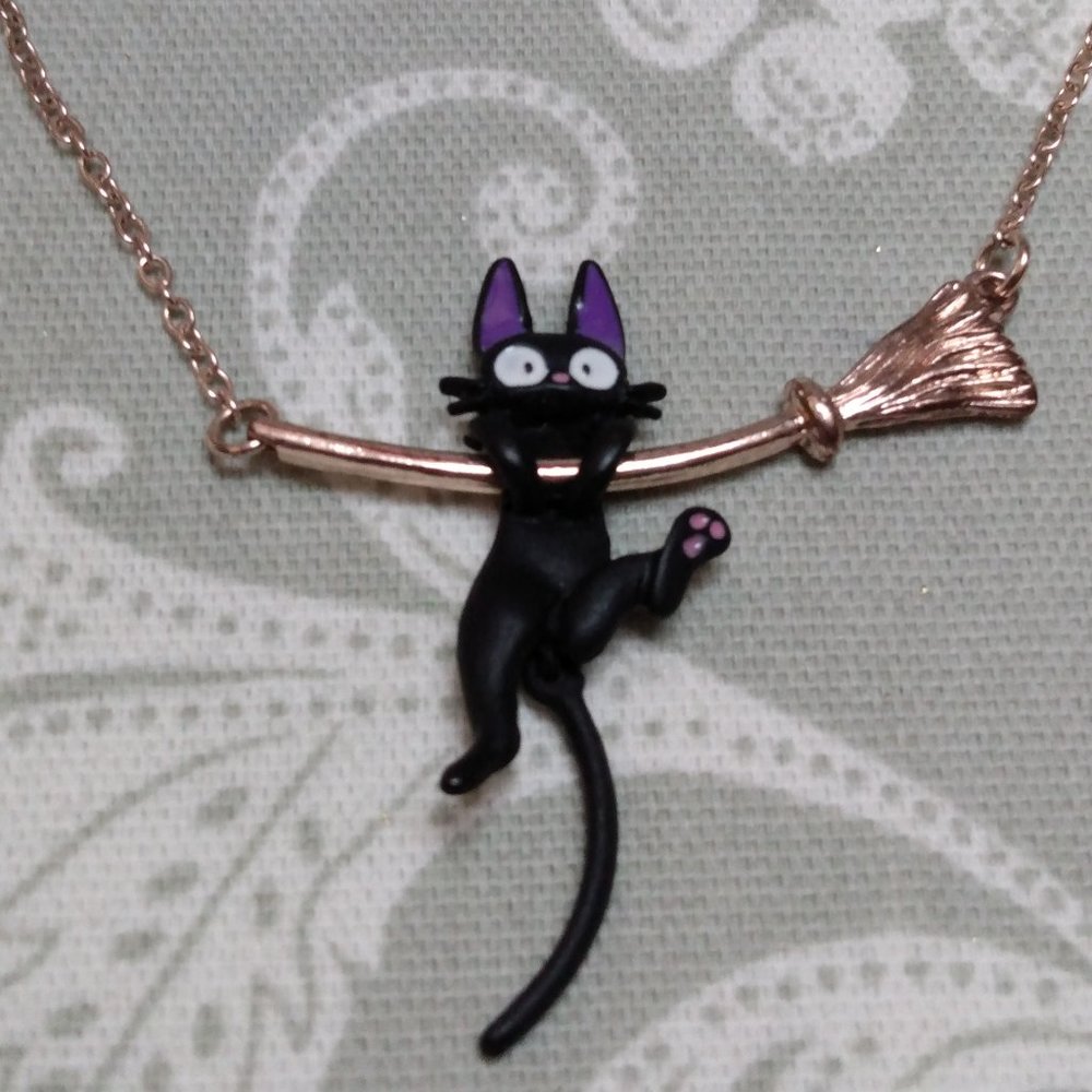 Black Cat on Broom Necklace